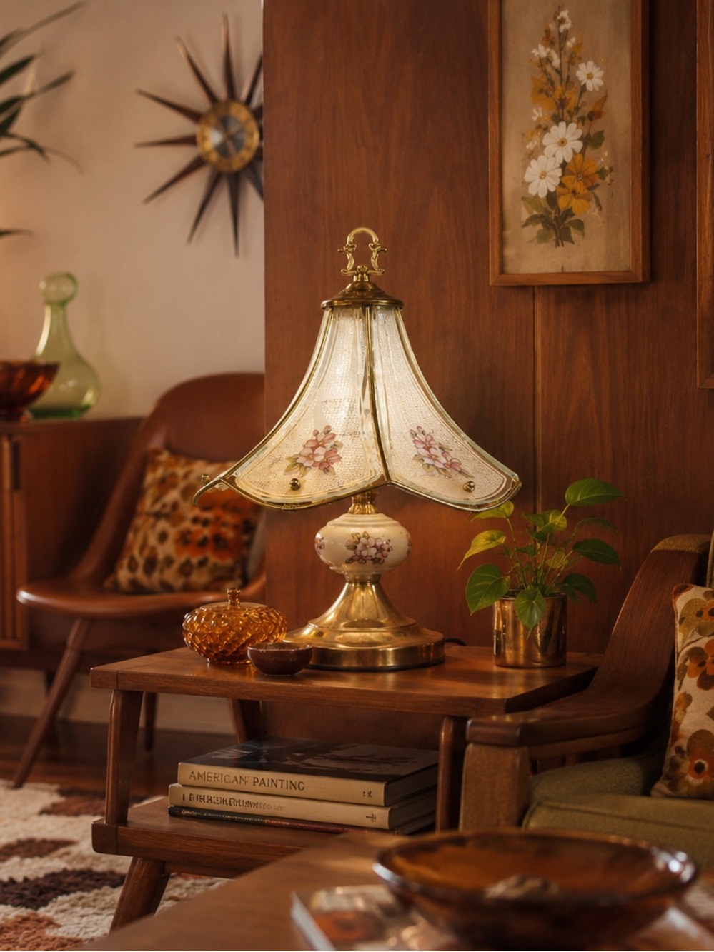 Vintage-style Floral Glass Table Lamp - Brass Finish